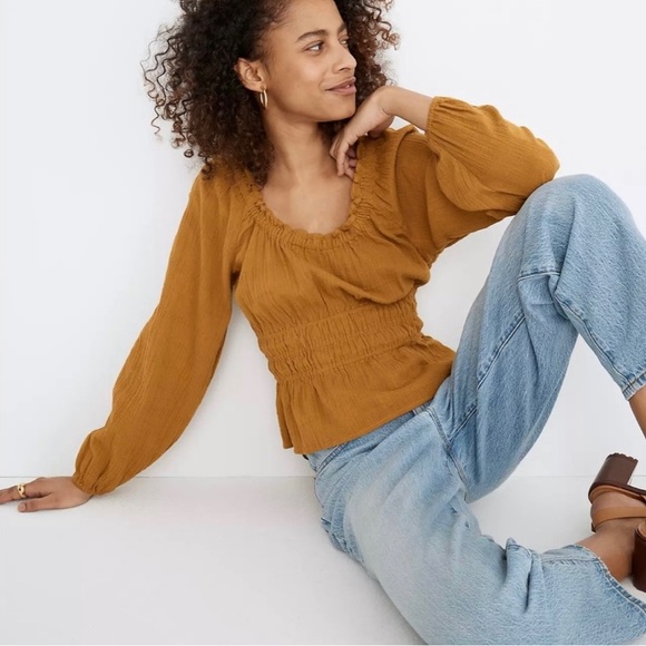 Madewell Tops - Madewell Sophia Textured Plaid Puff Sleeve Blouse XS Mustard